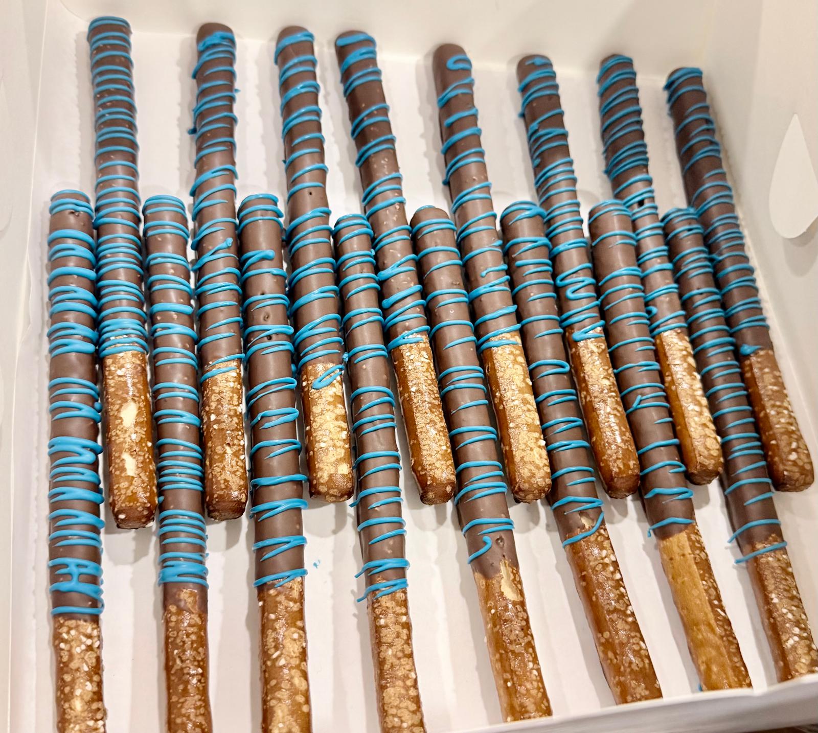 Chocolate Dipped Pretzel Rods with Blue Drizzle